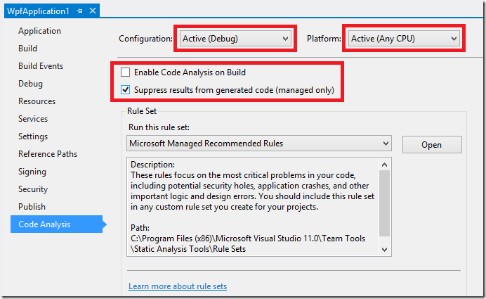 TFS Build: Running Static Code Analysis for Specific Configuration -  